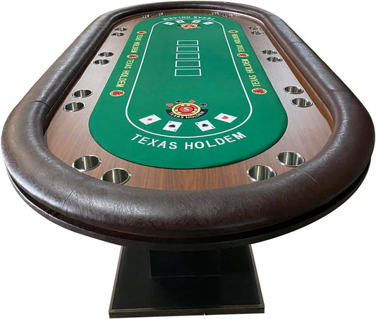 96" 10 Player Casino Poker Table Oval Premium Brown & Green Speed Cloth Texas Holdem with Dimmable LED