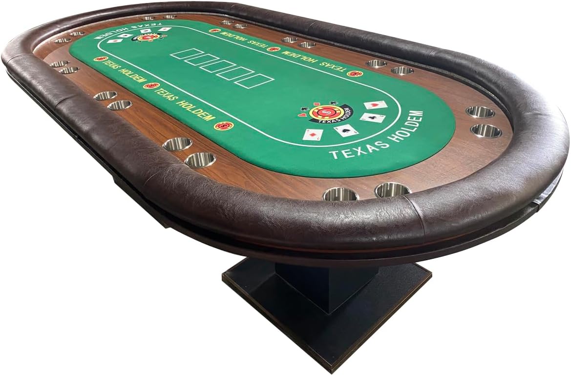 96" 10 Player Casino Poker Table Oval Premium Brown & Green Speed Cloth Texas Holdem with Dimmable LED